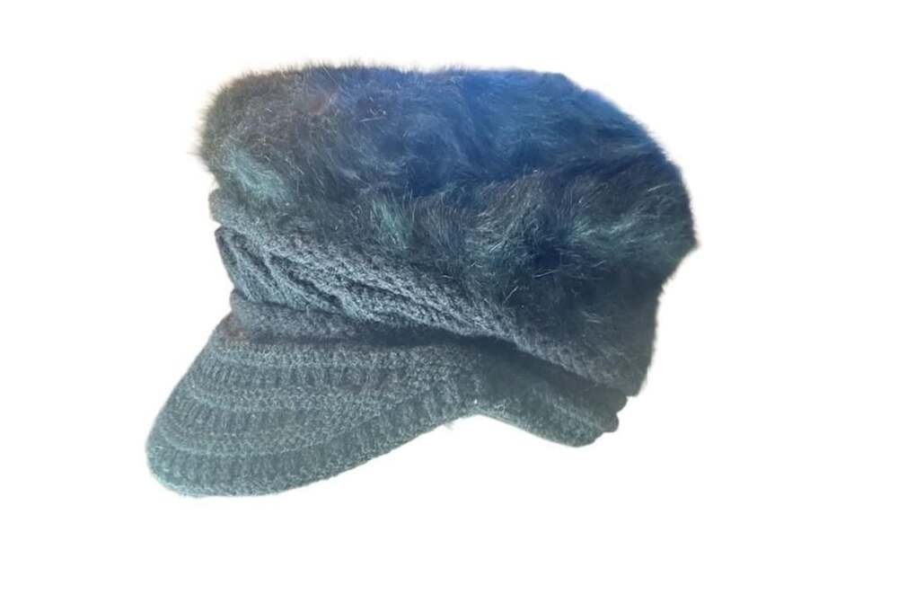 Black Knit Faux Fur Visor Beanie Hat 50% Angora
